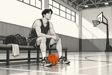 誰もいない練習体育館のベンチに座るイ・ヒョンジュンのイラスト