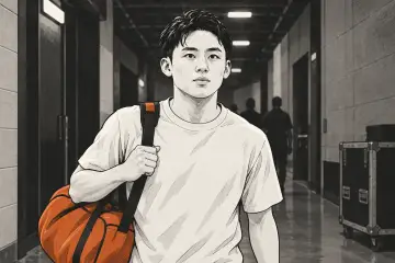 バッグを肩に掛けてアリーナの通路を歩く河村勇輝