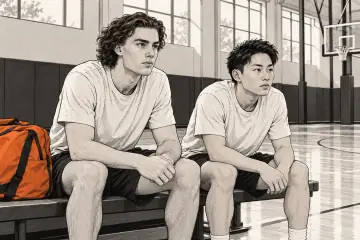 ベンチに並んで座るジョシュ・ギディと河村勇輝