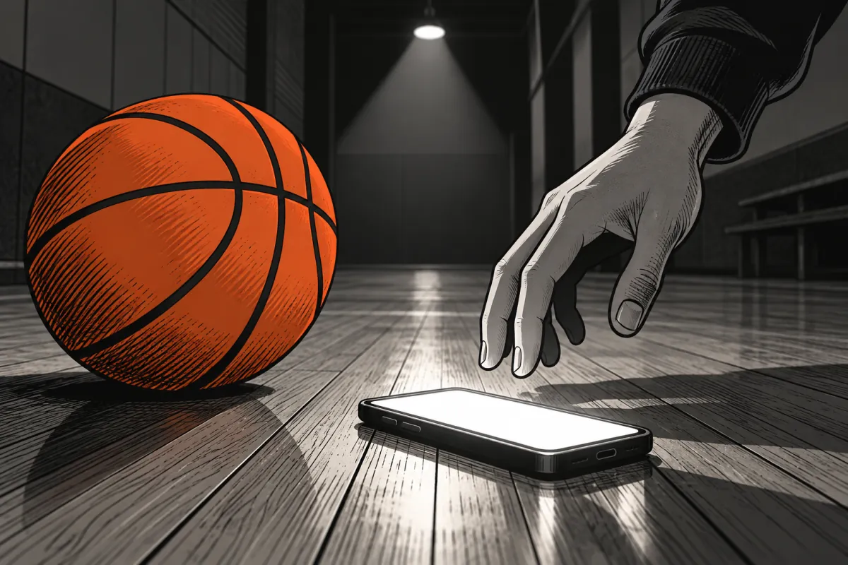 コート床に置かれたスマートフォンとバスケットボール