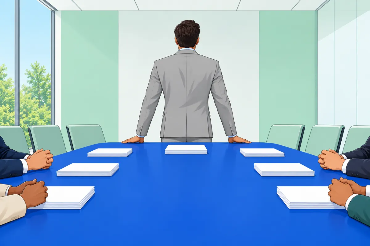 会議テーブルの先頭に立つスーツ姿の人物(後ろ姿)