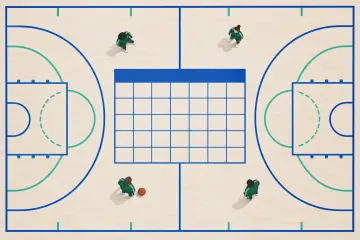 カレンダーが描かれたコートを真上から見下ろす構図