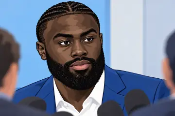 試合後の囲み取材に応じるジェイレン・ブラウン