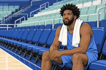 ベンチに座りコートを見つめるジョエル・エンビード