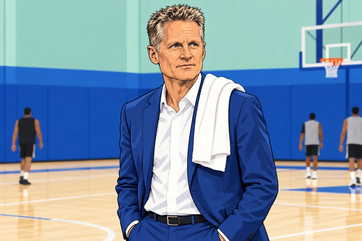 練習コートサイドに立つスティーブ・カー